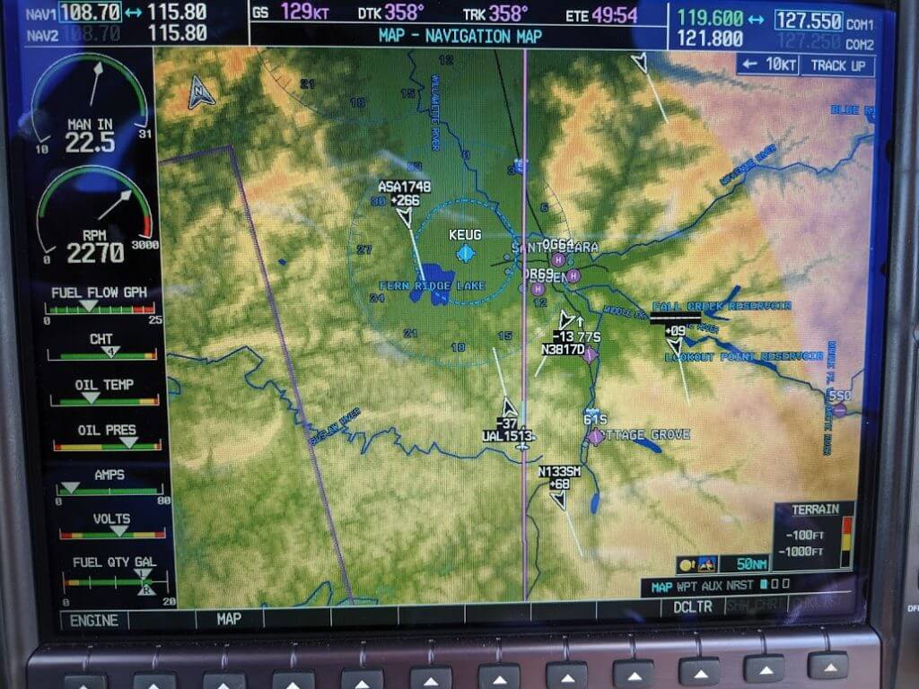 This is the closest call on our trip. We manoeuvred to avoid N3817D (a Cessna 182). I never actually saw them with our Mark I Eyeball because they were 1300 ft below, climbing into us on a collision path. They probably didn’t see us either because C182 has a high wing, and since they were a 1957 model it’s unlikely that they would have equipment that allowed them to see us on a screen. We’d like to think Cascade Approach would have told us about them at some point, but they were awfully close, and we didn’t get a traffic advisory by the time we started manoeuvring to avoid them. Since they have a registration on TIS-B, they were probably on flight following, too (or IFR).