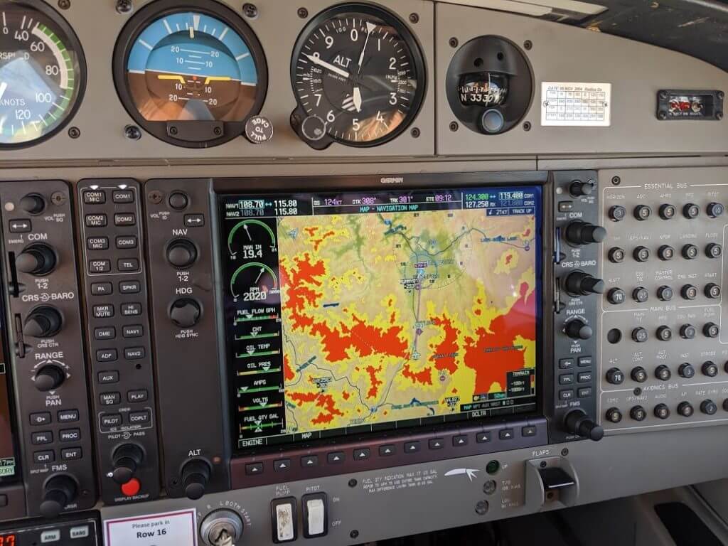 Descending into Medford through a valley. TAWS (Terrain Awareness and Warning System) telling us we will crash into mountains if we turned in any direction.
